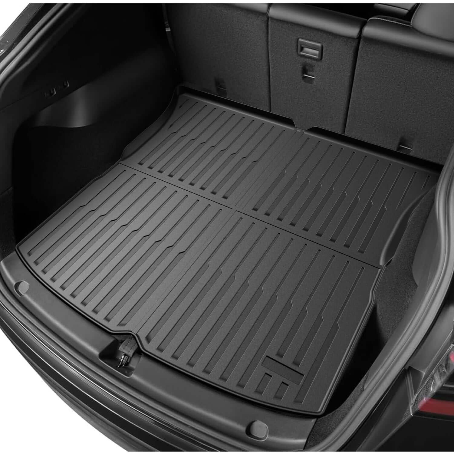 Rugged TPE cargo liner protecting the Model Y trunk from scratches, spills, and heavy loads