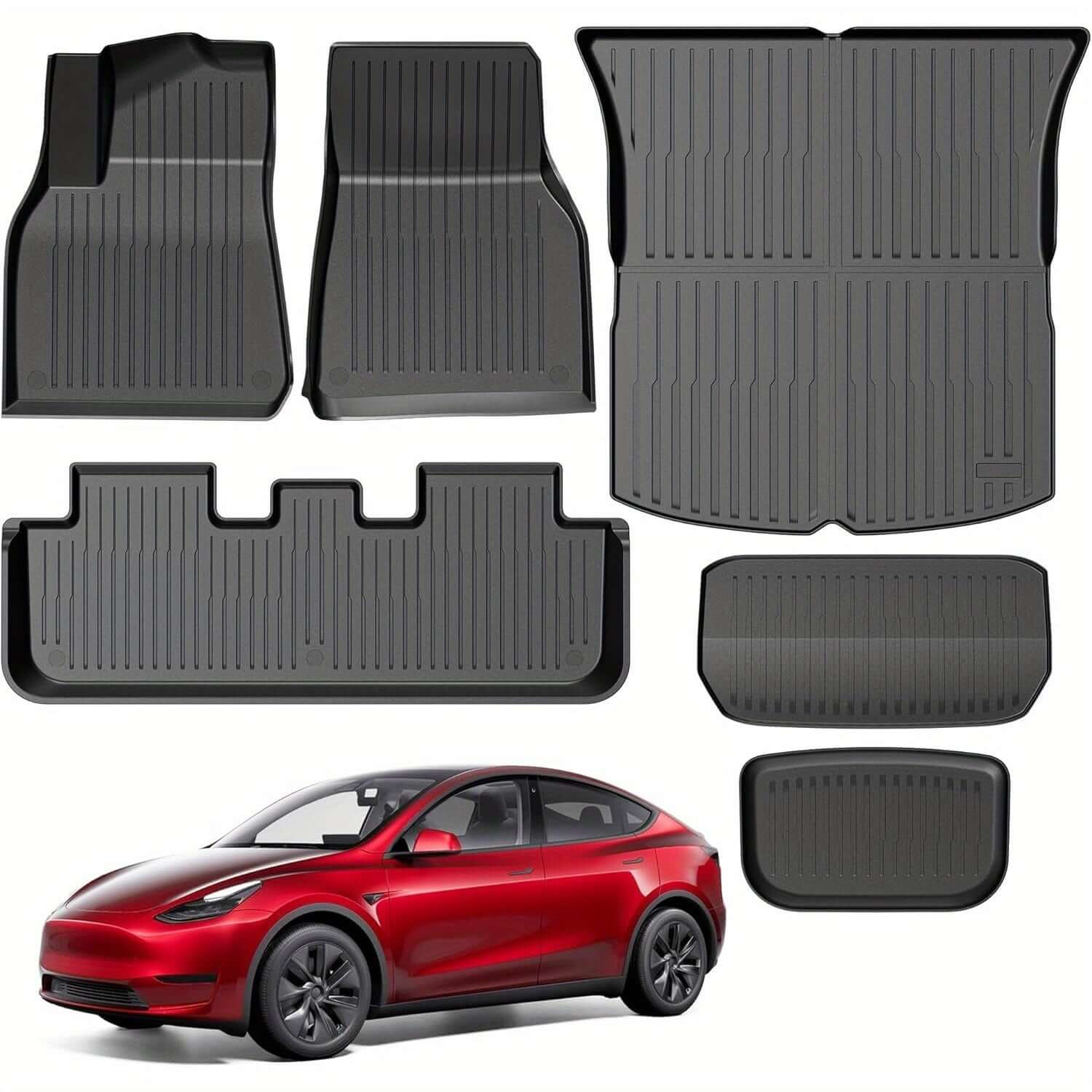 Full 6-piece Tesla Model Y TPE floor mat set, designed for 2021-2025 5-seat models with waterproof trunk and footwell coverage