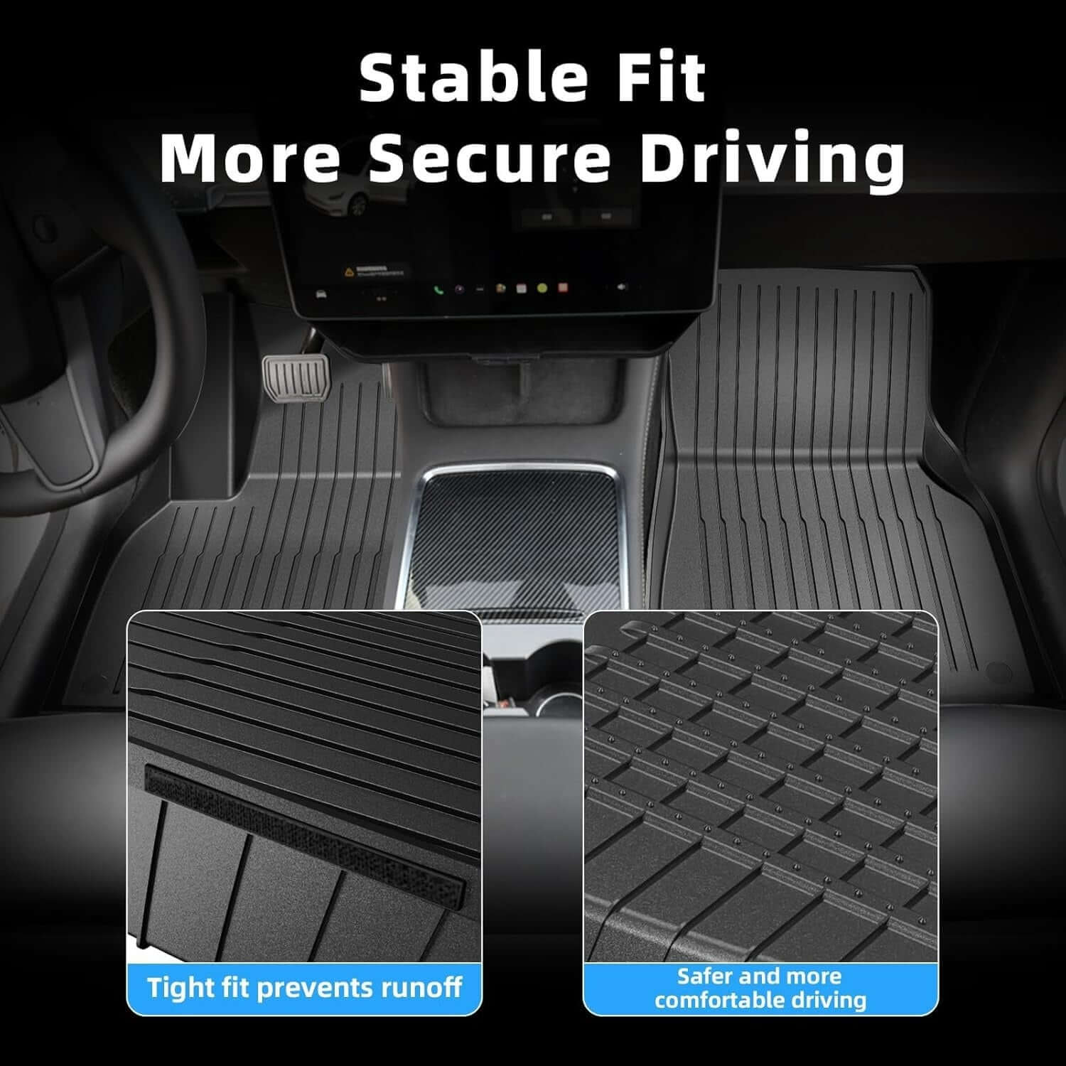 Step-by-step installation of Tesla Y TPE mats, showcasing seamless fit and easy cleaning design