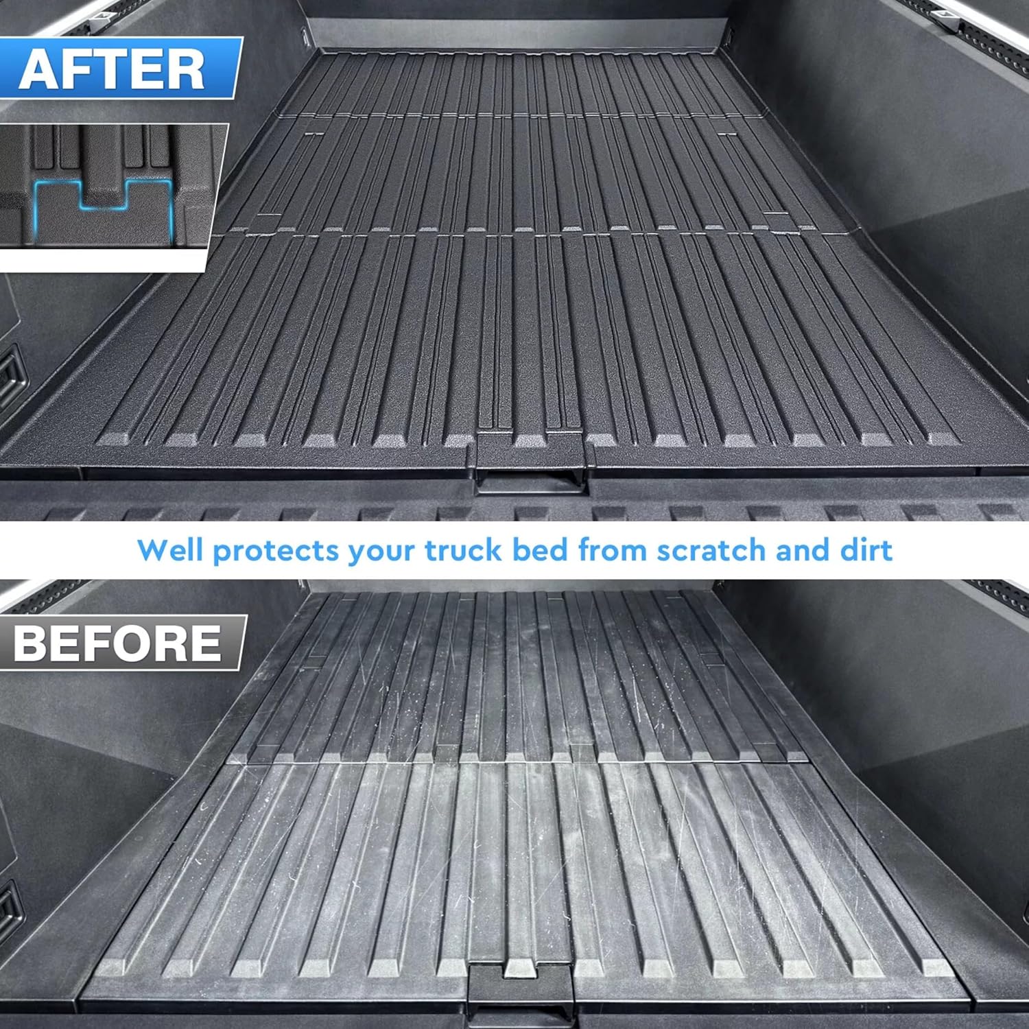 Close-up of TPE bed mat surface resisting sharp tools and heavy cargo scratches (2024 Cybertruck)