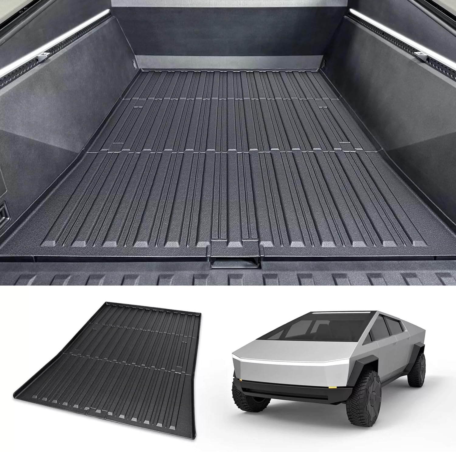 500-pound construction tools loaded on Tesla Cybertruck bed mat – no deformation or slippage during transport.