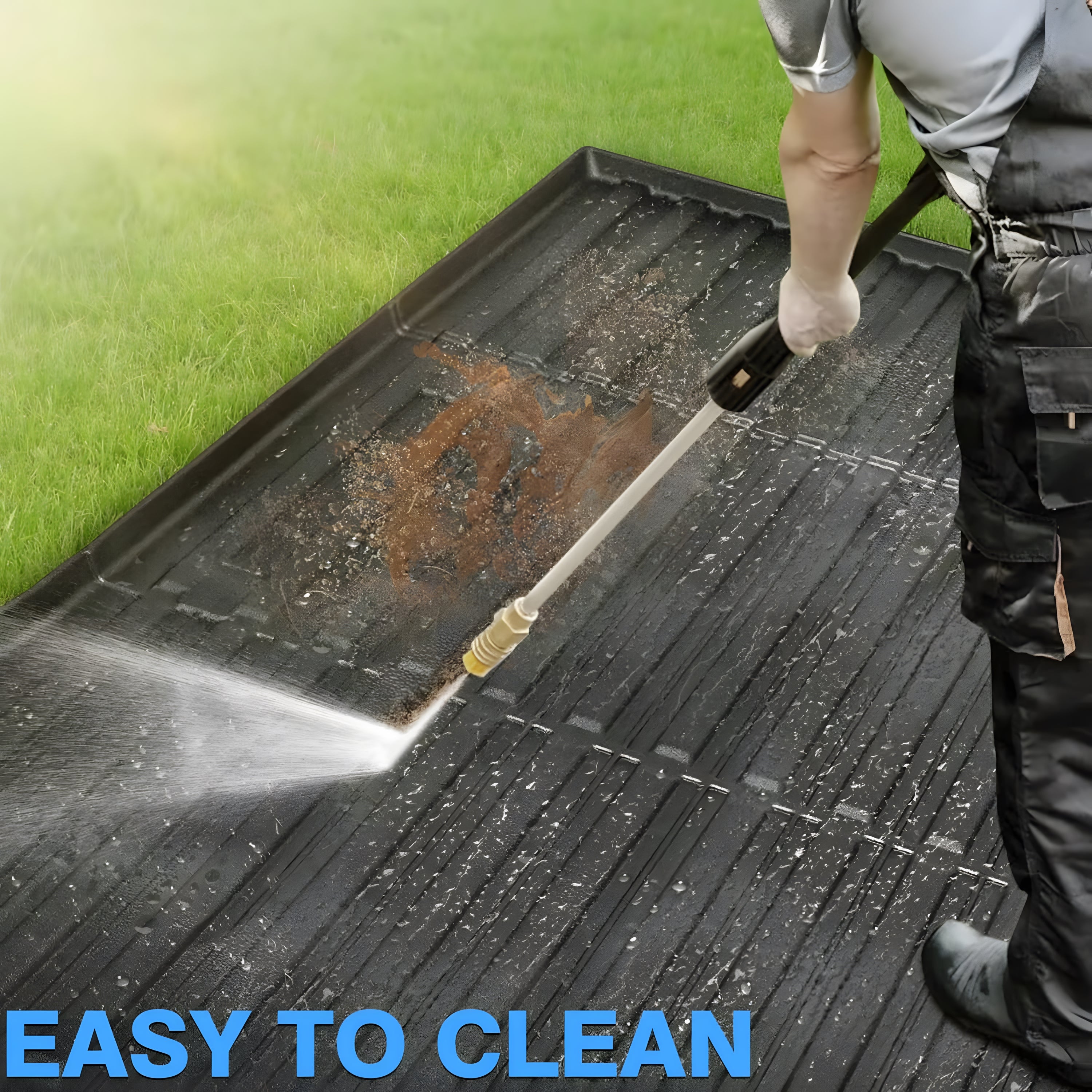 Oil and water poured on Cybertruck bed mat – sealed edges prevent liquid seepage into truck bed (2024 models)