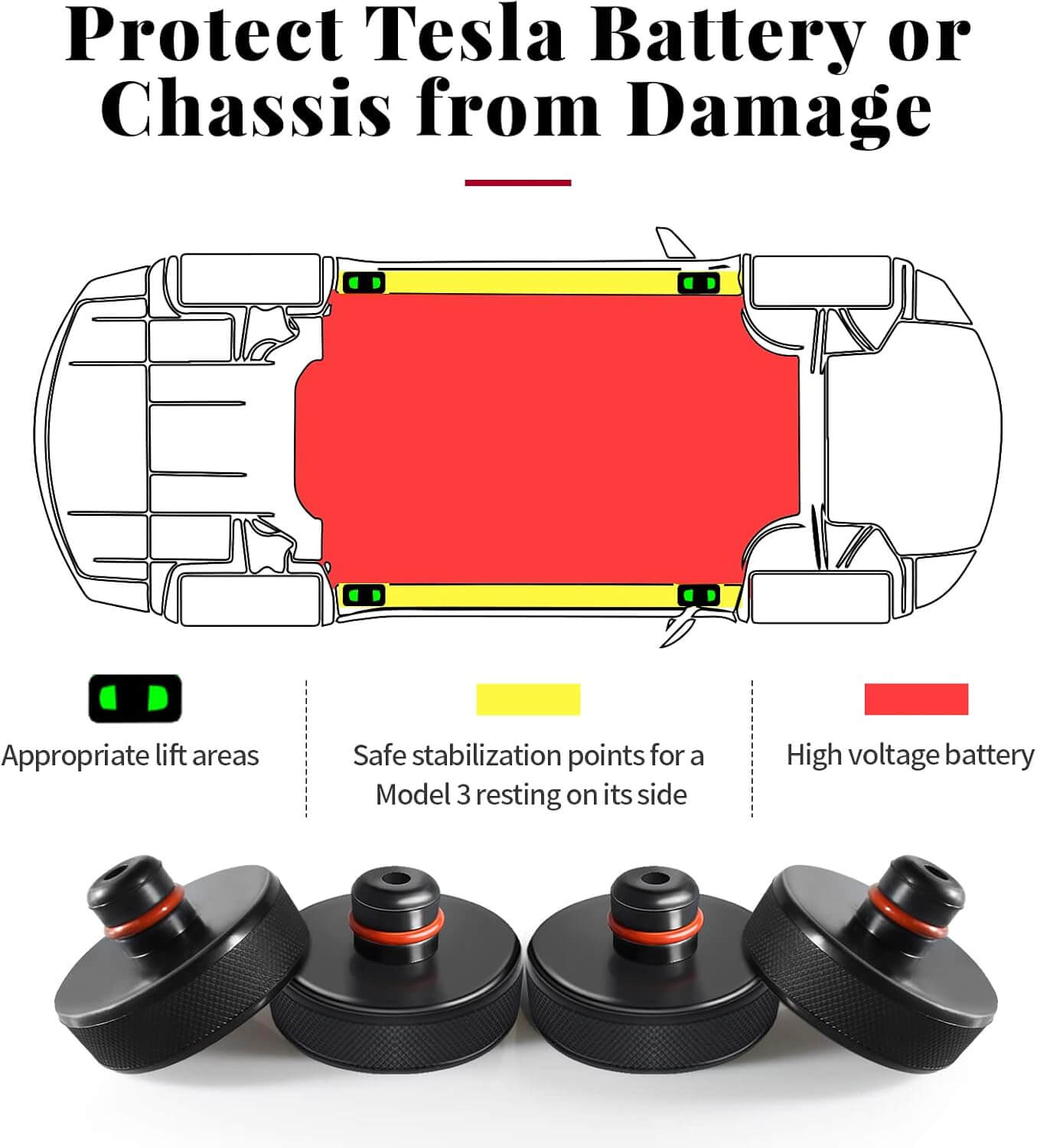 Chirano 4-Pack Tesla Jack Pads (Model 3/S/X/Y 2013-2025) | Lift Pucks with Case, Anti-Slip Rim Protection