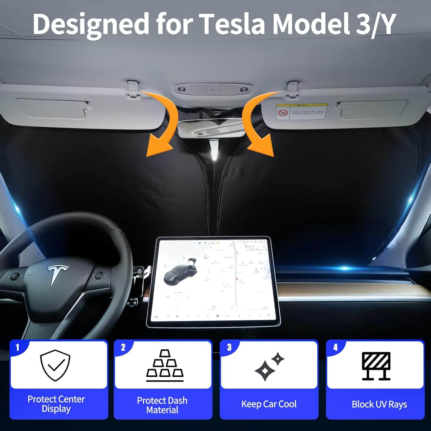 Upgraded Tesla Model 3/Y Sunshade (2016-2025) | UV Protection & Foldable Design with Sturdy Metal Frame