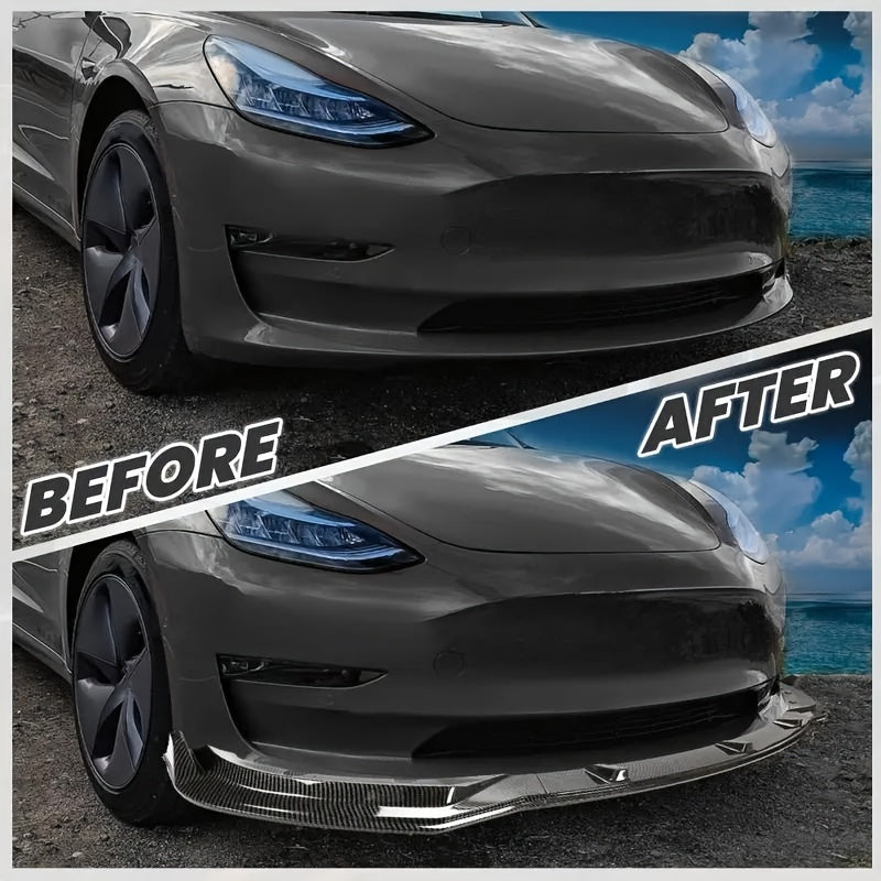 Tesla Model 3 Front Bumper Lip Kit (2017-2023) – Carbon Fiber Style, 3-Piece Set